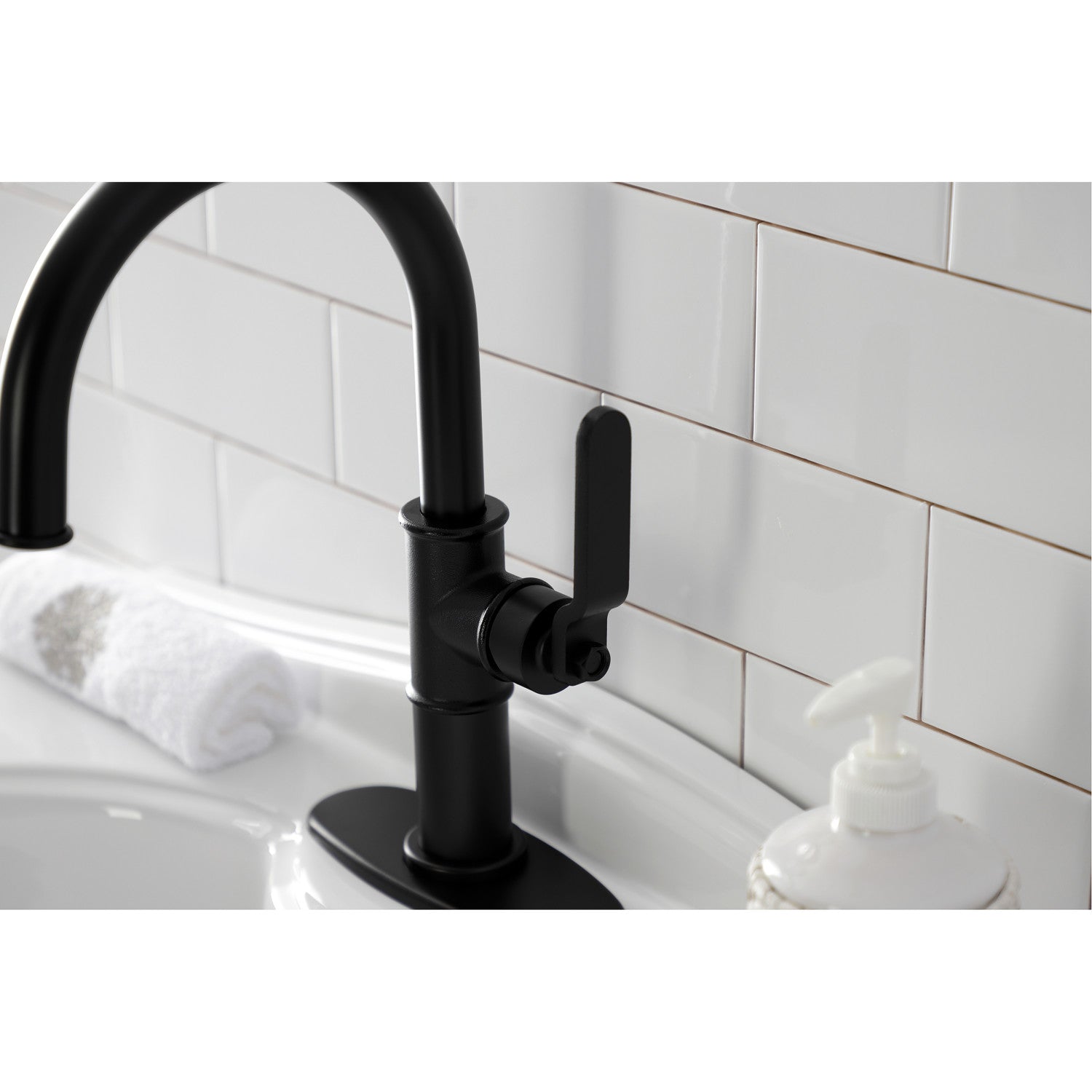 Kingston Sona KSD2230KL - Whitaker One-Handle 1-Hole Bathroom Faucet with Deck Plate and Push Pop-Up Drain, Matte Black — thumbnail 2